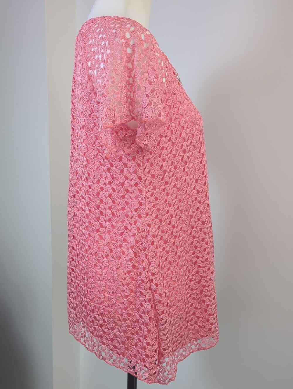 Brittany Black Coral Pink Lace Overlay Blouse Scoop Neck Beaded Embellished Top - Picture 8 of 14